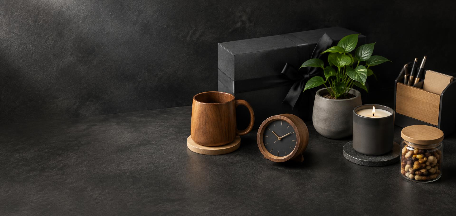 Sustainable corporate gift collection with teak mug, clock, planter and candle